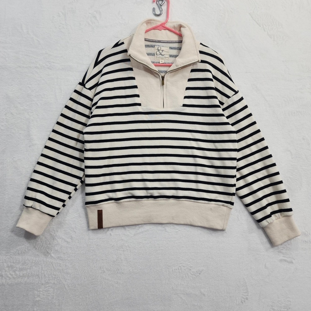Ampersand Avenue Sweatshirt Womens M Cream Striped 1/4 Zip Collared French Terry